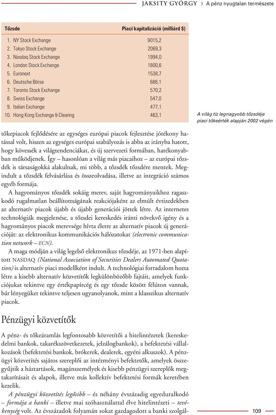Hong Kong Exchange & Clearing 463,1 A világ tíz legnagyobb tôzsdéje piaci tôkeérték alapján 2002 végén tôkepiacok fejlôdésére az egységes európai piacok fejlesztése jótékony hatással volt, hiszen az