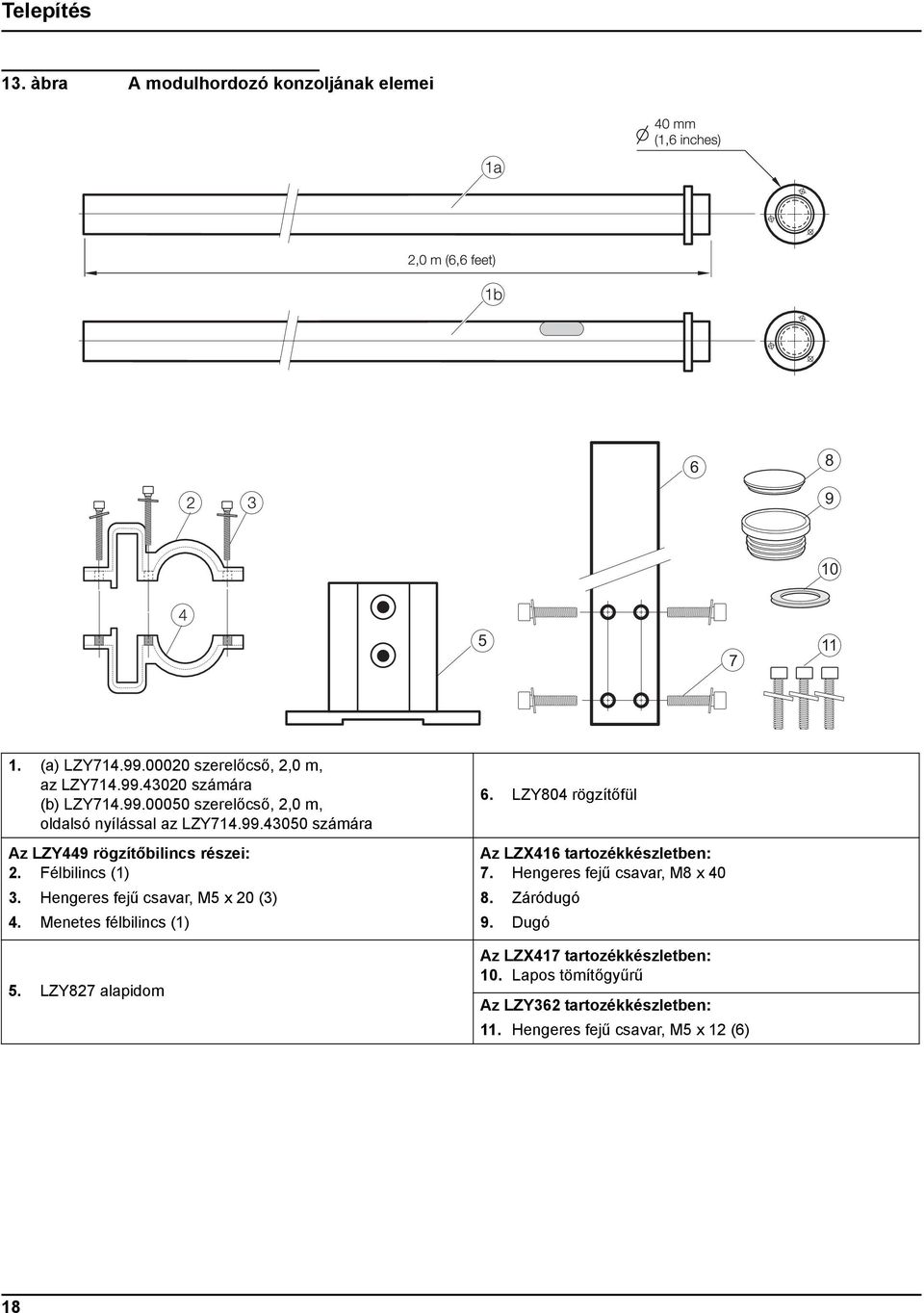 Hengeres fejű csavar, M5 x 20 (3) 4. Menetes félbilincs (1) 5. LZY827 alapidom 6. LZY804 rögzítőfül Az LZX416 tartozékkészletben: 7.