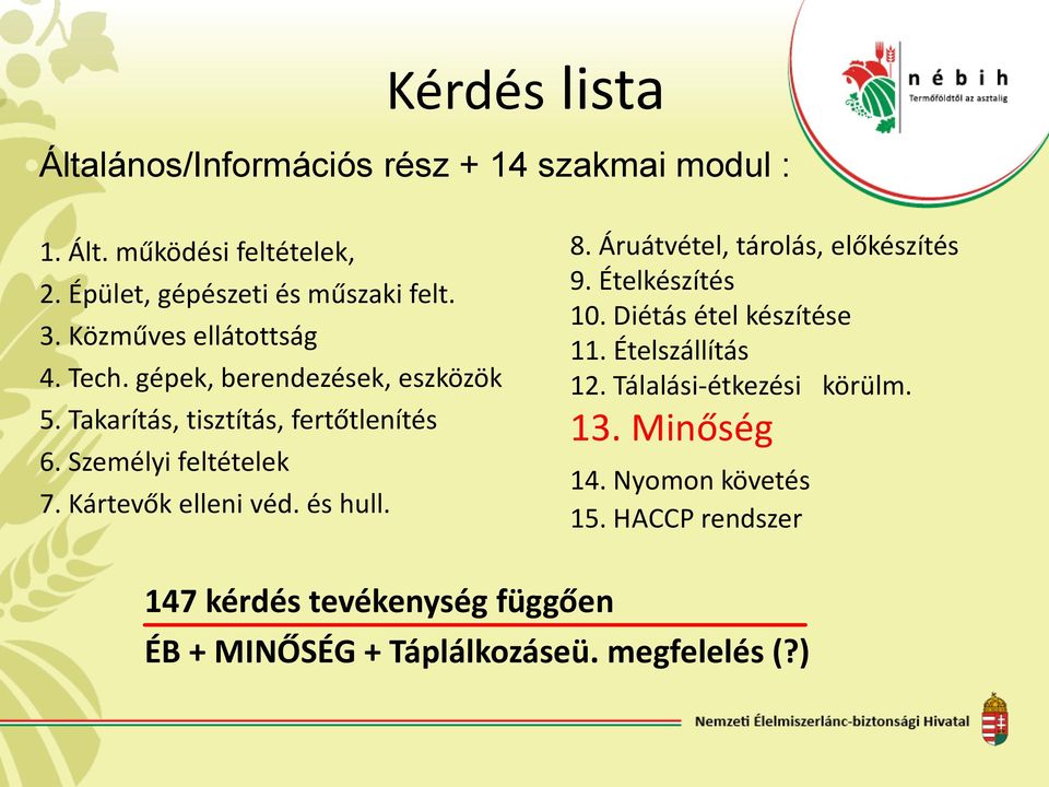 Kártevők elleni véd. és hull. 8. Áruátvétel, tárolás, előkészítés 9. Ételkészítés 10. Diétás étel készítése 11. Ételszállítás 12.