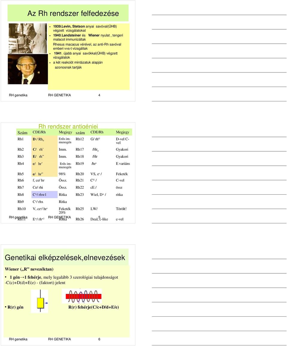 újabb anyai savókkal(úhb) végzett vizsgálatok a két reakciót mintázatuk alapján azonosnak tartják RH genetika RH GENETIKA 4 Rh rendszer antigénjei Szám CDE/Rh Megjegy szám CDE/Rh Megjegy Rh1 D / Rh 0