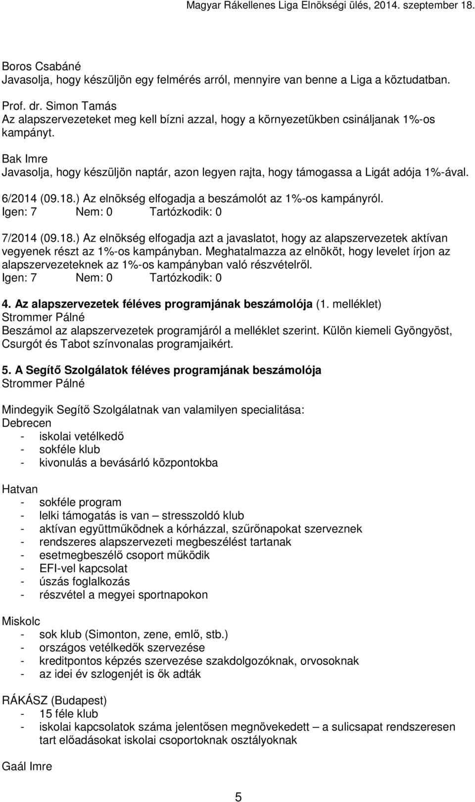 ) Az elnökség elfogadja a beszámolót az 1%-os kampányról. 7/2014 (09.18.) Az elnökség elfogadja azt a javaslatot, hogy az alapszervezetek aktívan vegyenek részt az 1%-os kampányban.