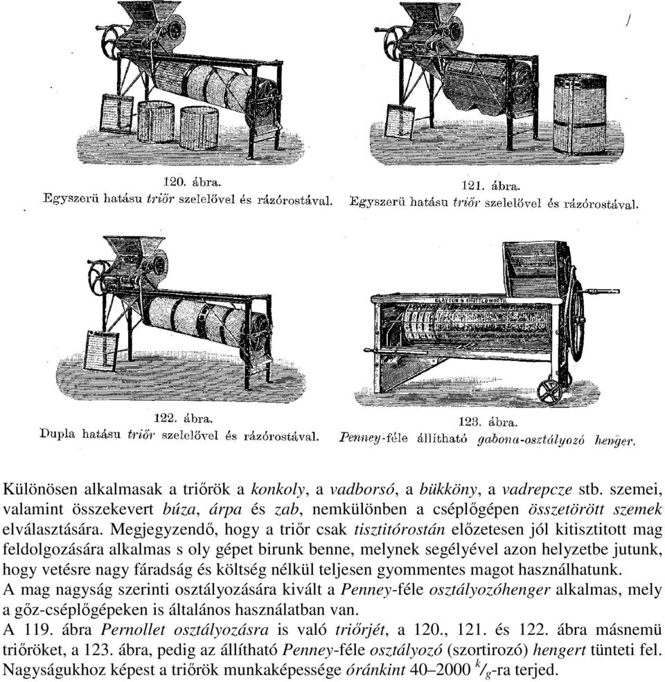 és költség nélkül teljesen gyommentes magot használhatunk. A mag nagyság szerinti osztályozására kivált a Penney-féle osztályozóhenger alkalmas, mely a gız-cséplıgépeken is általános használatban van.