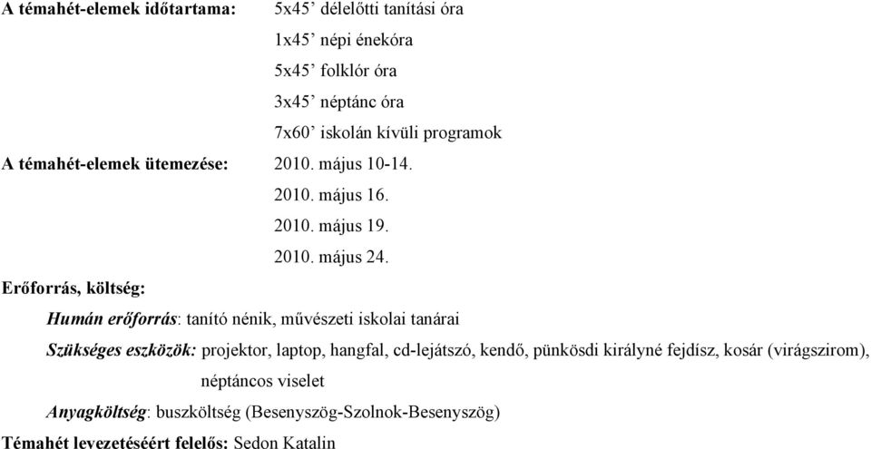 Erőforrá, költég: Humán erőforrá: tanító nénik, művézeti ikolai tanárai Szükége ezközök: projektor, laptop, hangfal, cd-lejátzó,