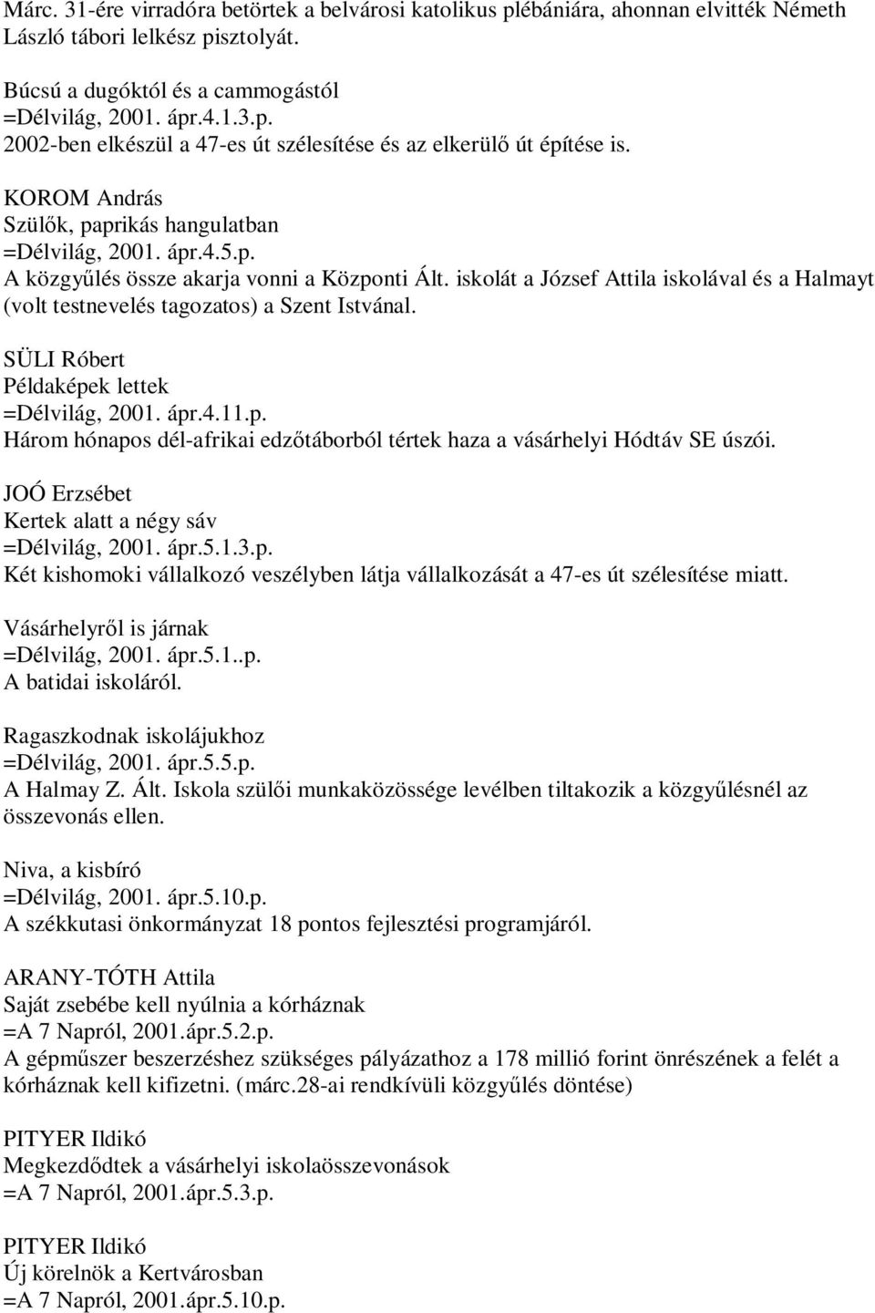 SÜLI Róbert Példaképek lettek =Délvilág, 2001. ápr.4.11.p. Három hónapos dél-afrikai edzőtáborból tértek haza a vásárhelyi Hódtáv SE úszói. Kertek alatt a négy sáv =Délvilág, 2001. ápr.5.1.3.p. Két kishomoki vállalkozó veszélyben látja vállalkozását a 47-es út szélesítése miatt.