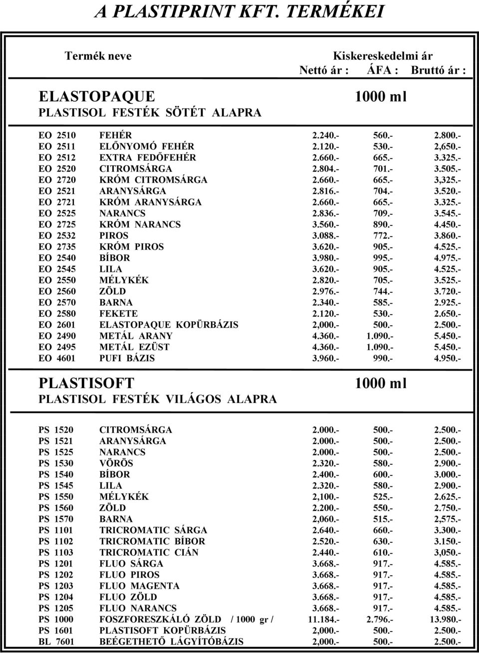 660.- 665.- 3.325.- EO 2525 NARANCS 2.836.- 709.- 3.545.- EO 2725 KRÓM NARANCS 3.560.- 890.- 4.450.- EO 2532 PIROS 3.088.- 772.- 3.860.- EO 2735 KRÓM PIROS 3.620.- 905.- 4.525.- EO 2540 BÍBOR 3.980.