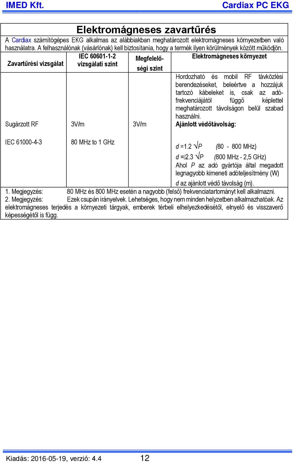 IEC 60601-1-2 Megfelelőségi Elektromágneses környezet Zavartűrési vizsgálat vizsgálati szint szint Sugárzott RF IEC 61000-4-3 3V/m 80 MHz to 1 GHz 3V/m Hordozható és mobil RF távközlési