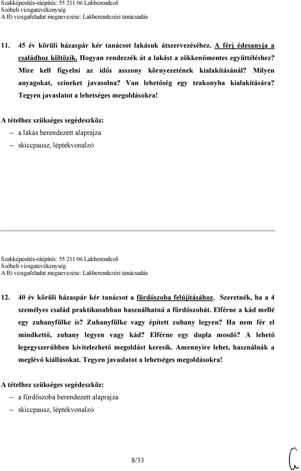 Szakképesítés-ráépítés: 55 211 06 Lakberendező 12. 40 év körüli házaspár kér tanácsot a fürdőszoba felújításához. Szeretnék, ha a 4 személyes család praktikusabban használhatná a fürdőszobát.