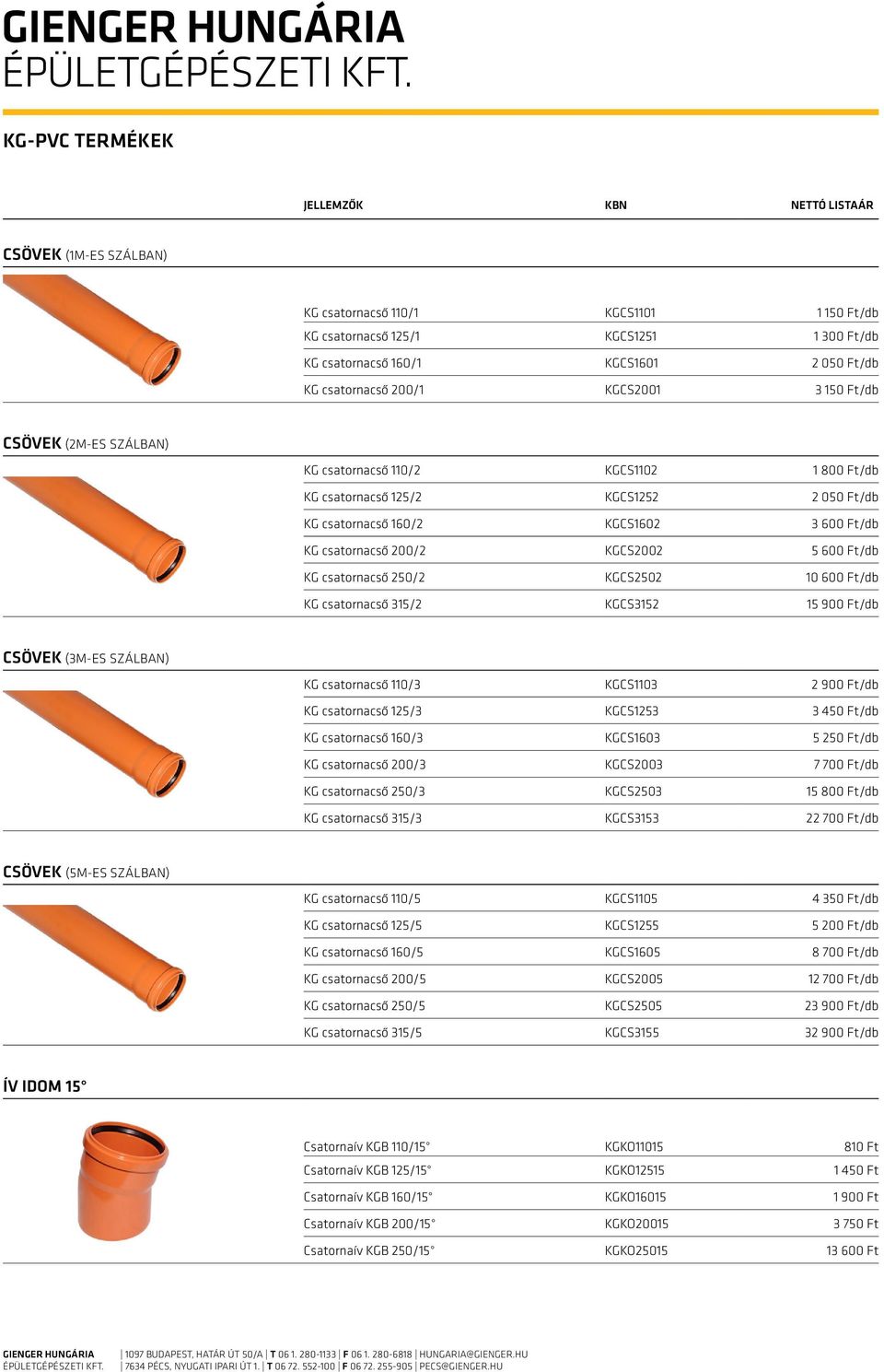 Ft/db KG csatornacső 250/2 KGCS2502 10 600 Ft/db KG csatornacső 315/2 KGCS3152 15 900 Ft/db Csövek (3m-es szálban) KG csatornacső 110/3 KGCS1103 2 900 Ft/db KG csatornacső 125/3 KGCS1253 3 450 Ft/db