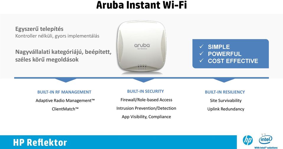 MANAGEMENT Adaptive Radio Management ClientMatch BUILT-IN SECURITY Firewall/Role-based Access