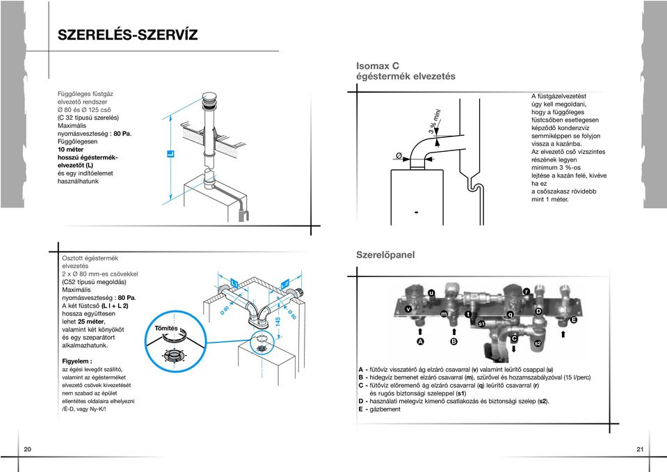 semmiképpen se folyjon vissza a kazánba. Az elvezető cső vízszintes részének legyen minimum 3 %-os lejtése a kazán felé, kivéve ha ez a csőszakasz rövidebb mint 1 méter.