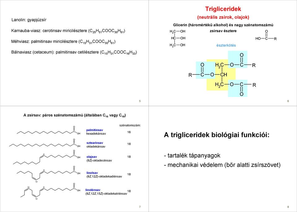 páros szénatomszámú (általában 16 vagy 18 ) palmitinsav hexadekánsav sztearinsav oktadekánsav szénatomszám: 16 18 A trigliceridek biológiai funkciói: 9 9 olajsav