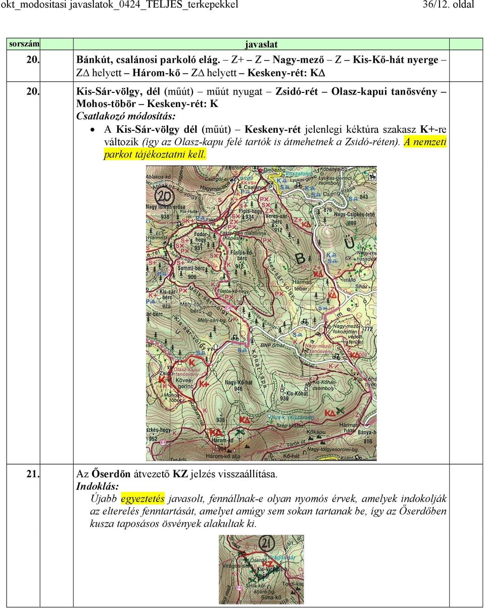 kéktúra szakasz K+-re változik (így az Olasz-kapu felé tartók is átmehetnek a Zsidó-réten). A nemzeti parkot tájékoztatni kell. 21.
