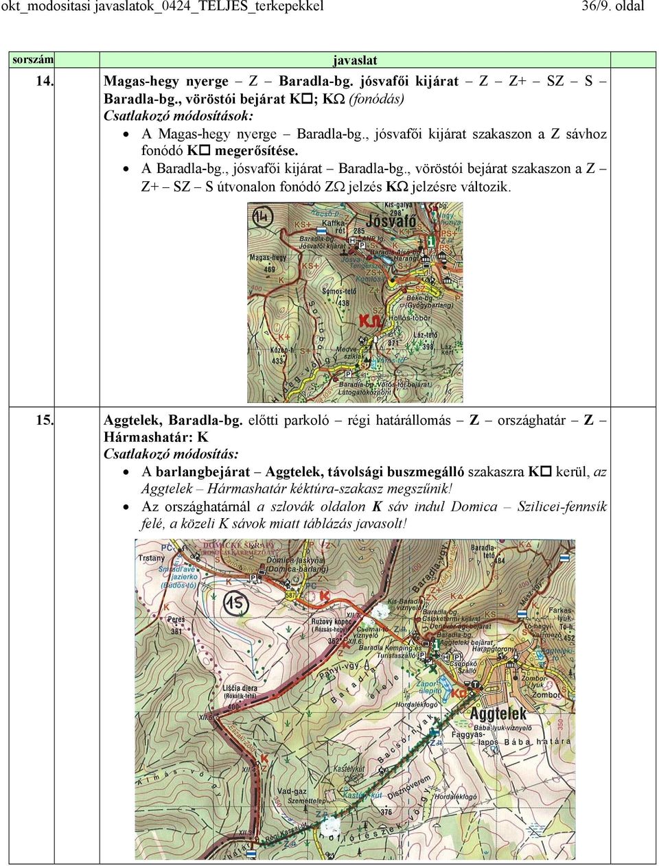 , vöröstói bejárat szakaszon a Z Z+ SZ S útvonalon fonódó ZΩ jelzés KΩ jelzésre változik. 15. Aggtelek, Baradla-bg.