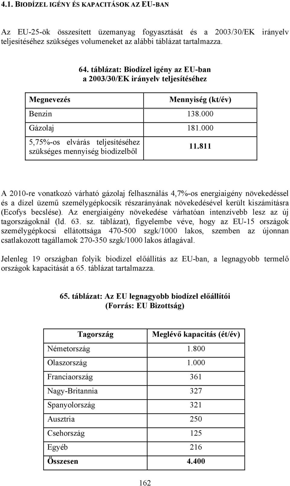 811 A 2010-re vonatkozó várható gázolaj felhasználás 4,7%-os energiaigény növekedéssel és a dízel üzemű személygépkocsik részarányának növekedésével került kiszámításra (Ecofys becslése).