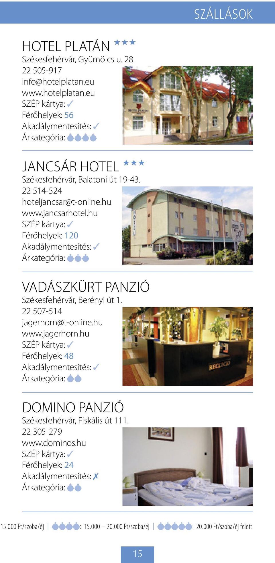 jancsarhotel.hu SZÉP kártya: Férőhelyek: 120 Akadálymentesítés: Árkategória: Vadászkürt Panzió Székesfehérvár, Berényi út 1. 22 507-514 jagerhorn@