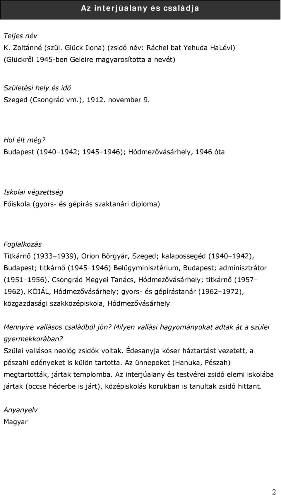 Budapest (1940 1942; 1945 1946); Hódmezővásárhely, 1946 óta Iskolai végzettség Főiskola (gyors- és gépírás szaktanári diploma) Foglalkozás Titkárnő (1933 1939), Orion Bőrgyár, Szeged; kalapossegéd