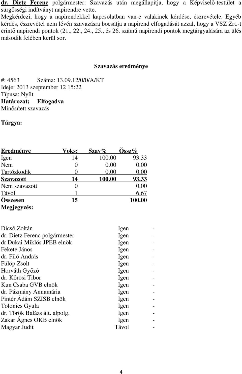 -t érintő napirendi pontok (21., 22., 24., 25., és 26. számú napirendi pontok megtárgyalására az ülés második felében kerül sor. #: 4563 Száma: 13.09.