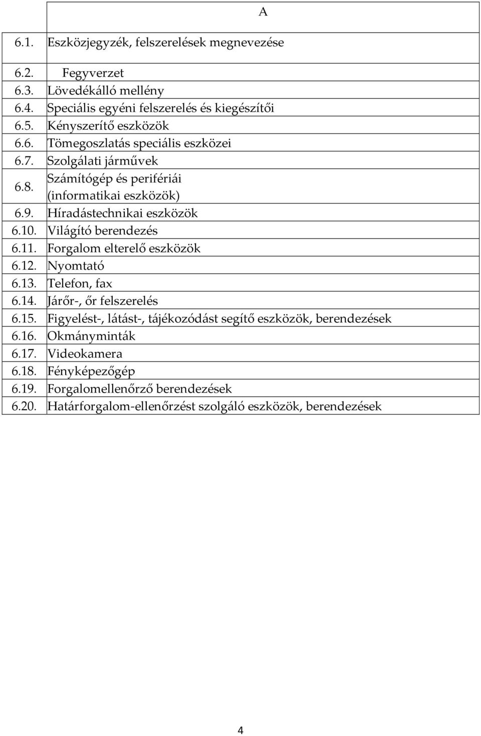 Világító berendezés 6.11. Forgalom elterelő eszközök 6.12. Nyomtató 6.13. Telefon, fax 6.14. Járőr, őr felszerelés 6.15.