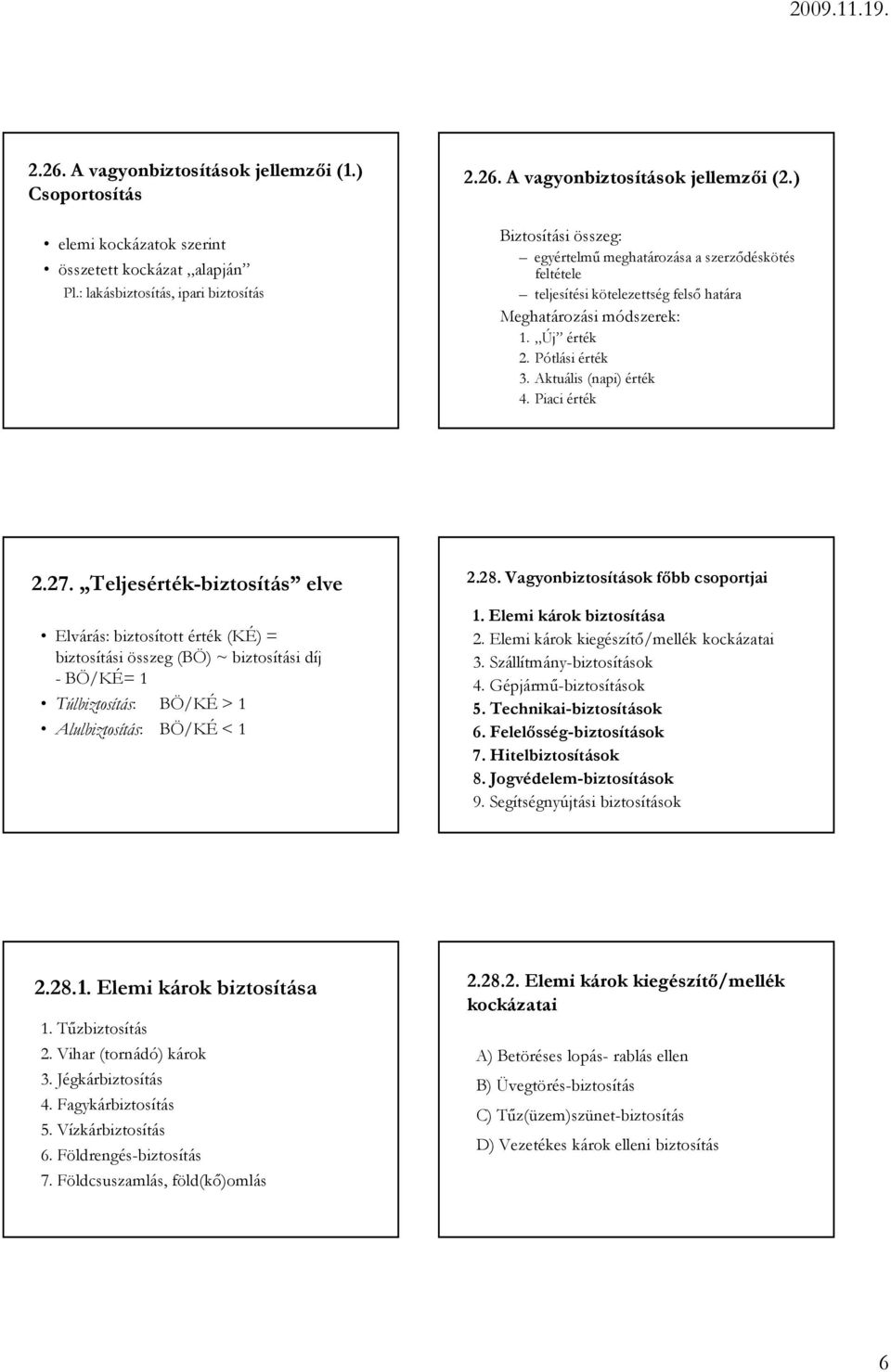 Piaci érték 2.27. Teljesérték-biztosítás elve Elvárás: biztosított érték (KÉ) = biztosítási összeg (BÖ) ~ biztosítási díj - BÖ/KÉ= 1 Túlbiztosítás: BÖ/KÉ > 1 Alulbiztosítás: BÖ/KÉ < 1 2.28.