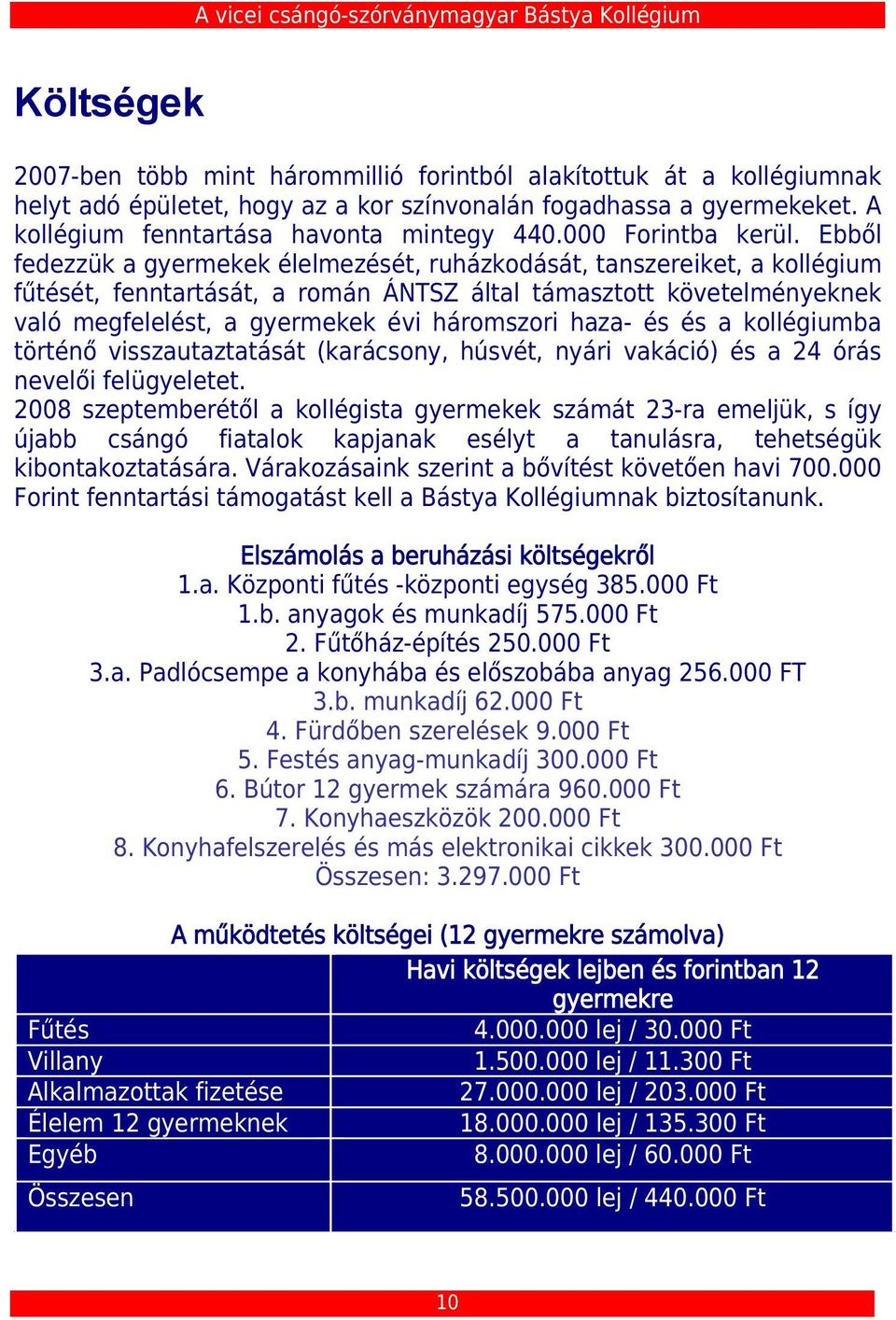 Ebből fedezzük a gyermekek élelmezését, ruházkodását, tanszereiket, a kollégium fűtését, fenntartását, a román ÁNTSZ által támasztott követelményeknek való megfelelést, a gyermekek évi háromszori