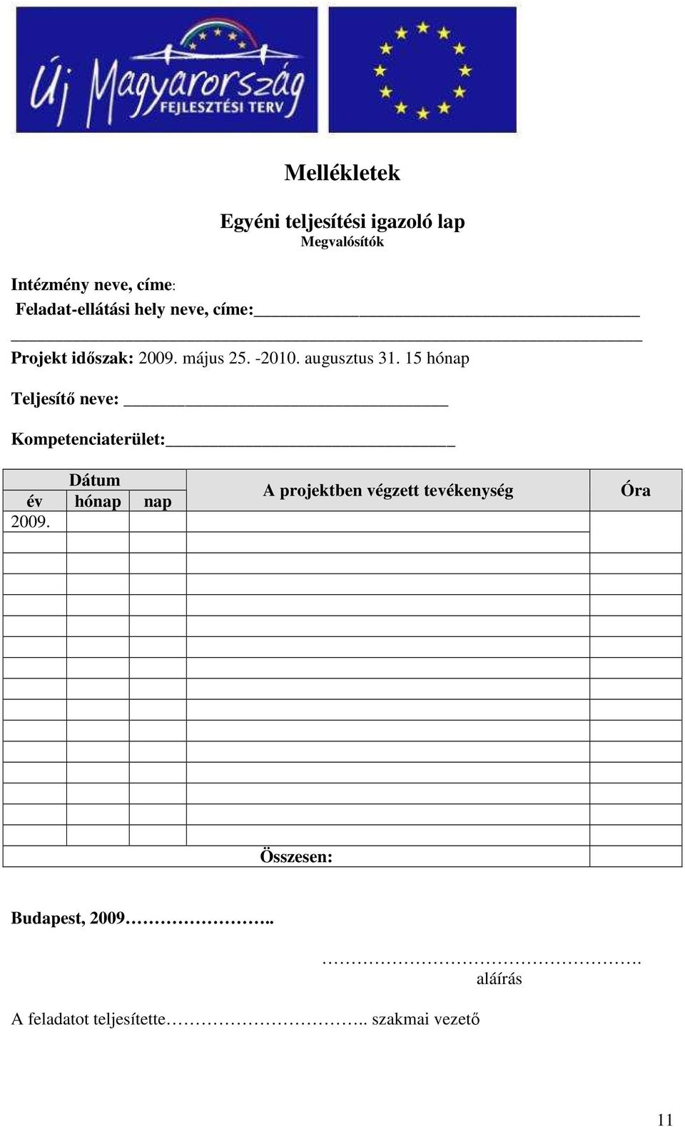 15 hónap Teljesítı neve: Kompetenciaterület: Dátum év hónap nap 2009.