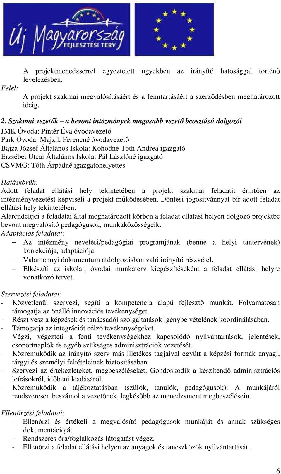 igazgató Erzsébet Utcai Általános Iskola: Pál Lászlóné igazgató CSVMG: Tóth Árpádné igazgatóhelyettes Hatáskörük: Adott feladat ellátási hely tekintetében a projekt szakmai feladatit érintıen az