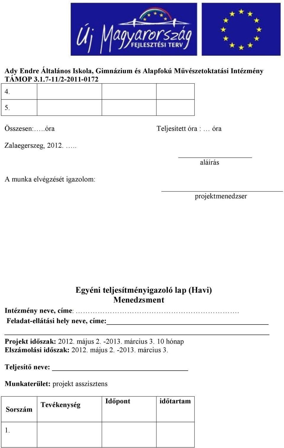 lap (Havi) Menedzsment Intézmény neve, címe:. Feladat-ellátási hely neve, címe: Projekt időszak: 2012.