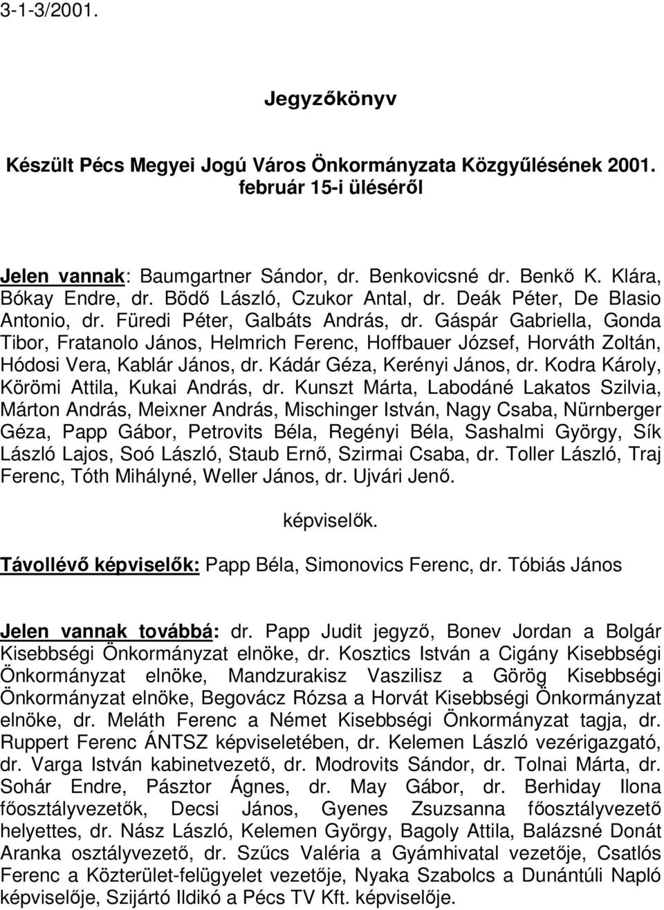 Gáspár Gabriella, Gonda Tibor, Fratanolo János, Helmrich Ferenc, Hoffbauer József, Horváth Zoltán, Hódosi Vera, Kablár János, dr. Kádár Géza, Kerényi János, dr.