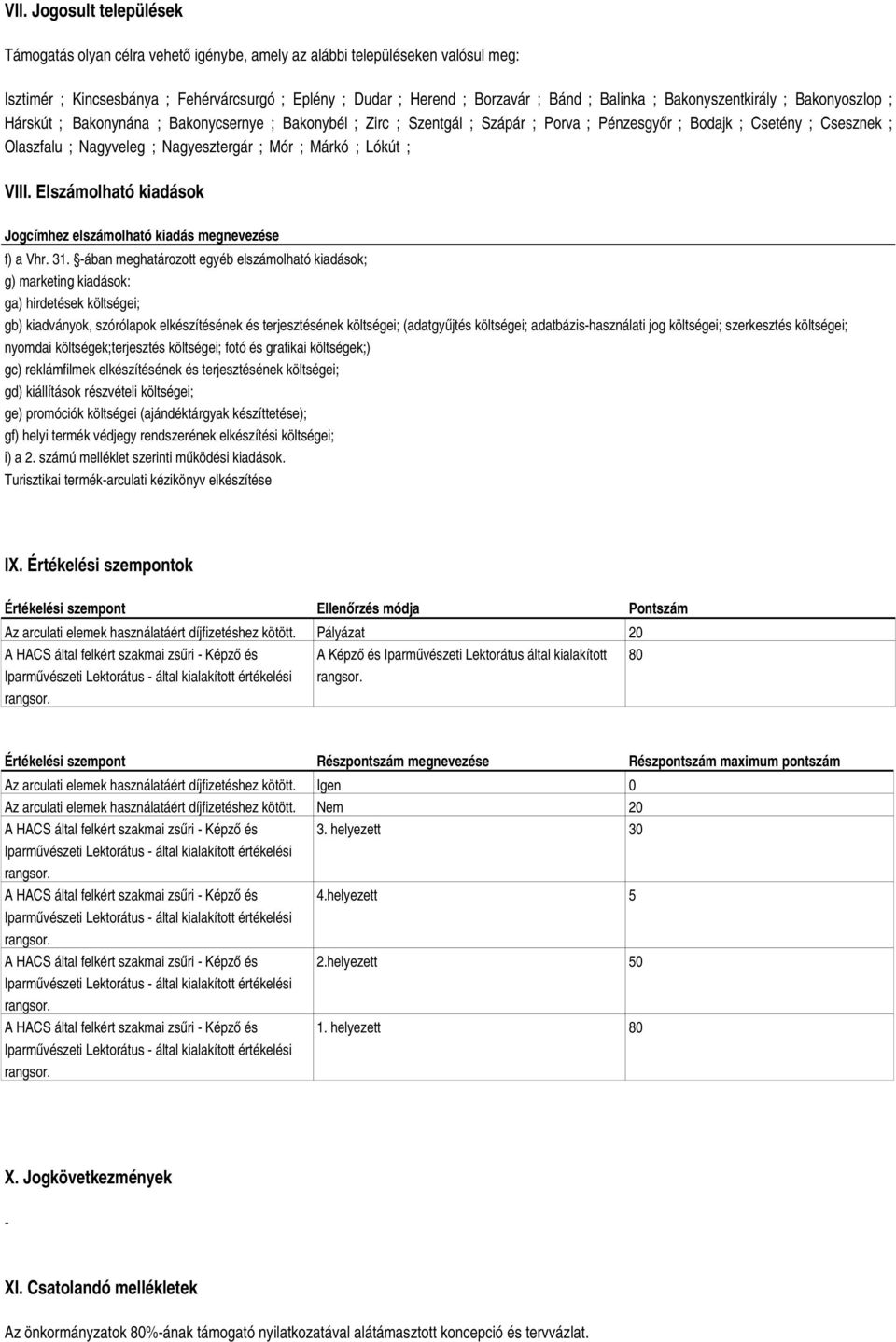 Nagyesztergár ; Mór ; Márkó ; Lókút ; VIII. Elszámolható kiadások Jogcímhez elszámolható kiadás megnevezése f) a Vhr. 31.