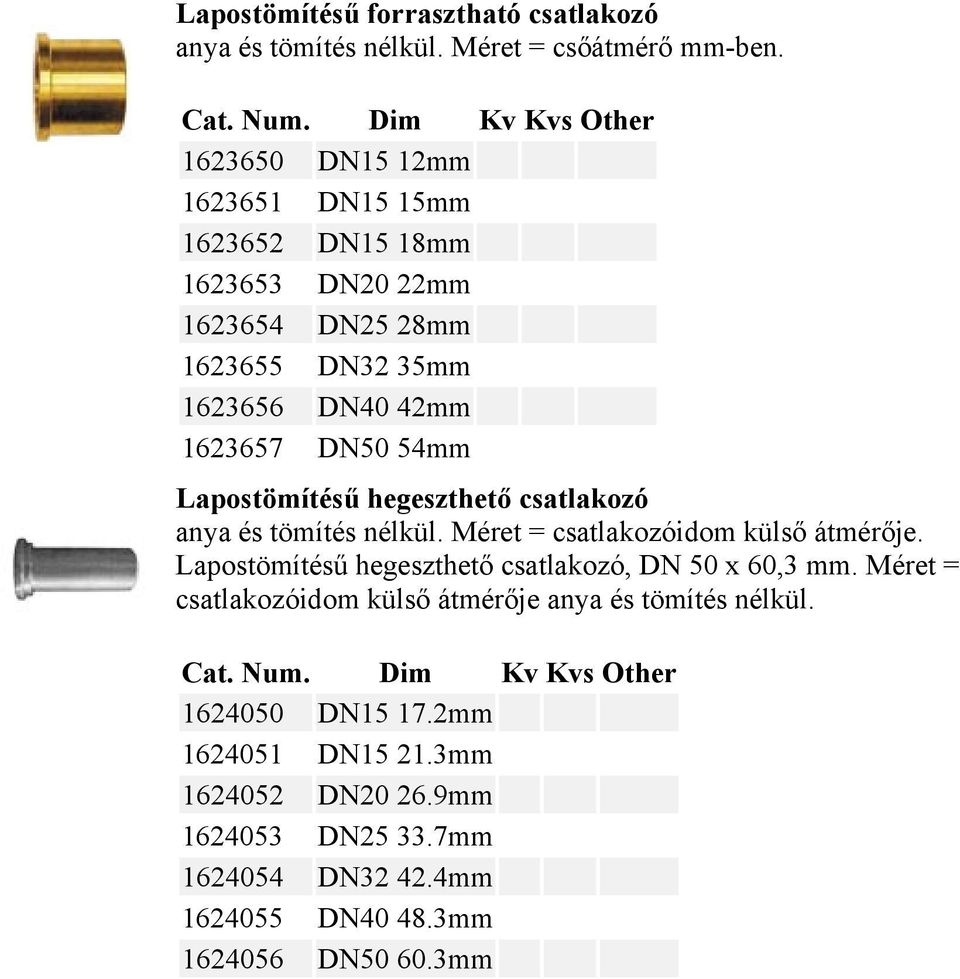 Lapostömítésű hegeszthető csatlakozó anya és tömítés nélkül. Méret = csatlakozóidom külső átmérője.