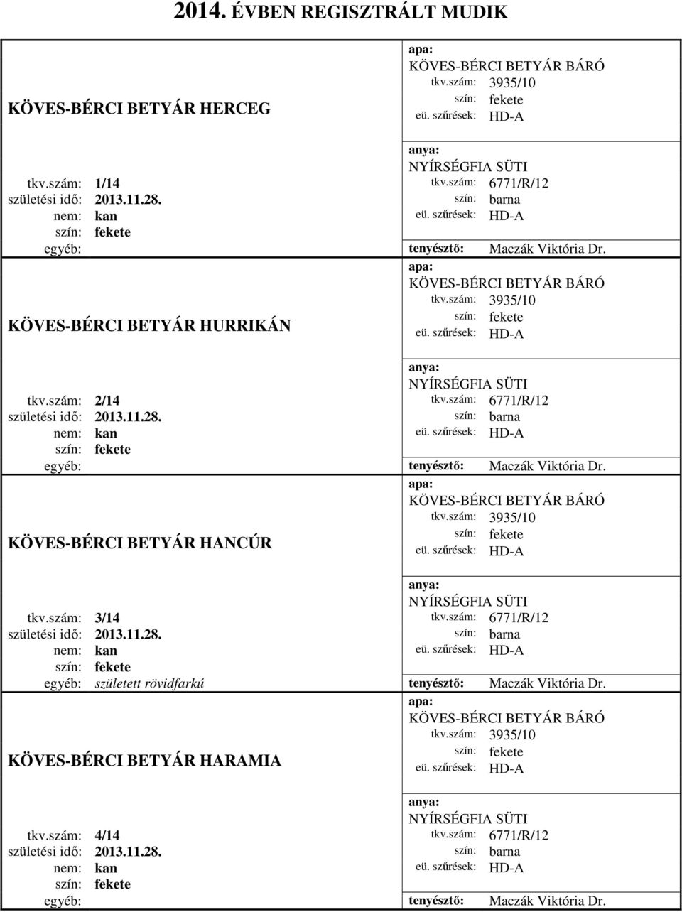 barna egyéb: tenyésztő: Maczák Viktória Dr. KÖVES-BÉRCI BETYÁR HANCÚR KÖVES-BÉRCI BETYÁR BÁRÓ tkv.szám: 3935/10 NYÍRSÉGFIA SÜTI tkv.szám: 3/14 tkv.szám: 6771/R/12 születési idő: 2013.11.28.