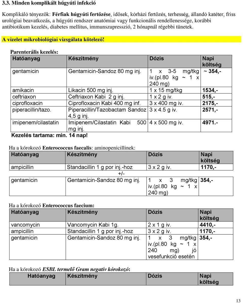 Parenterális kezelés: gentamicin Gentamicin-Sandoz 80 mg inj. 1 x 3-5 mg/tkg iv.(pl.80 kg ~ 1 x 240 mg) ~ 354,- amikacin Likacin 500 mg inj. 1 x 15 mg/tkg 1534,- ceftriaxon Ceftriaxon Kabi 2 g inj.