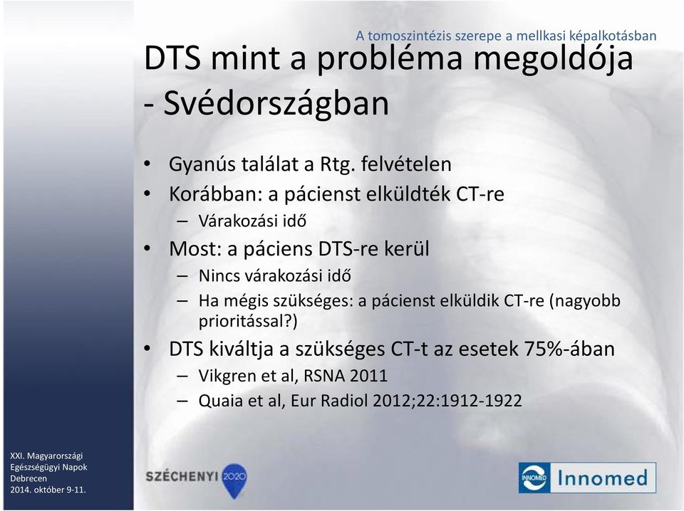 felvételen Korábban: a pácienst elküldték CT-re Várakozási idő Most: a páciens DTS-re kerül Nincs