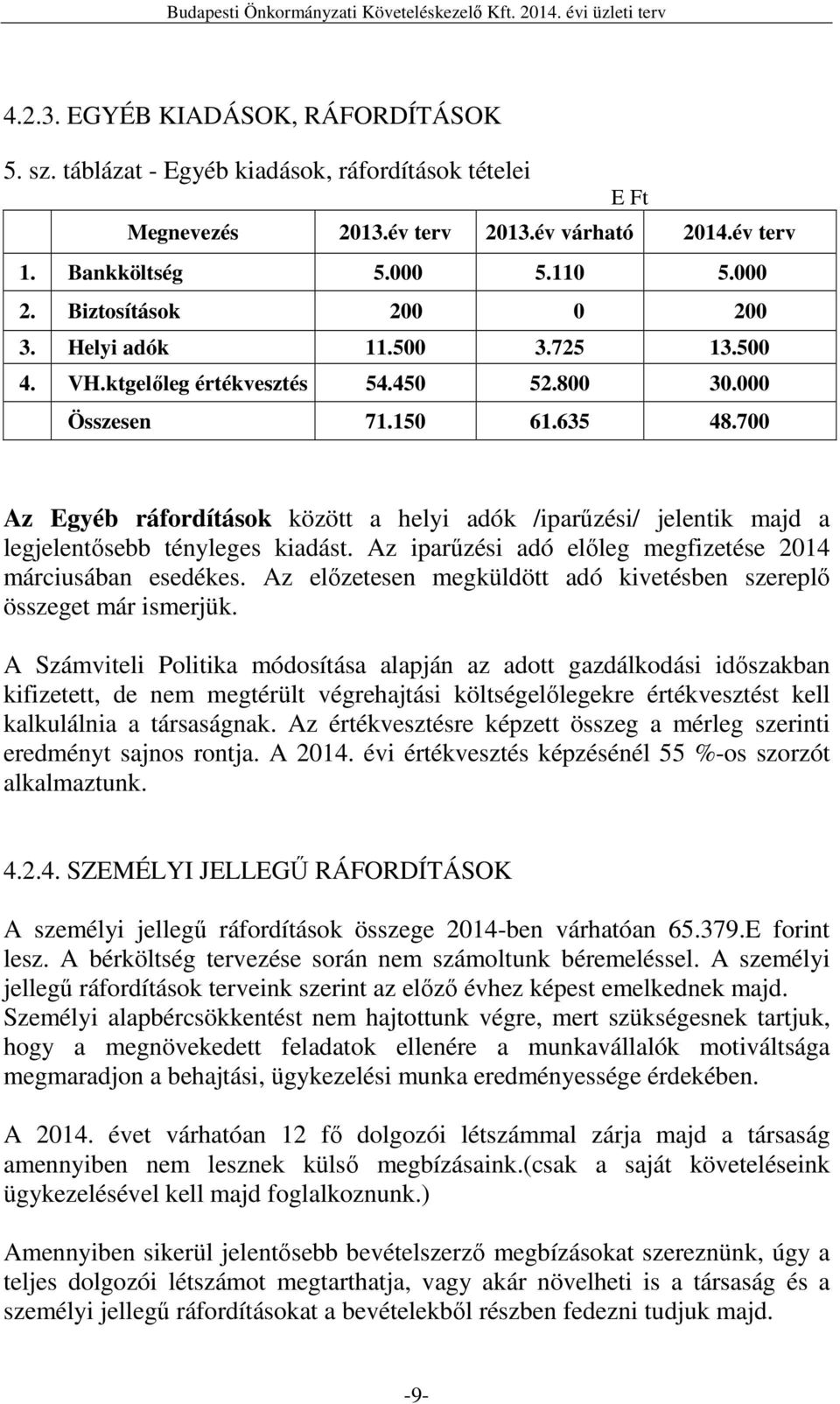 700 E Ft Az Egyéb ráfordítások között a helyi adók /iparűzési/ jelentik majd a legjelentősebb tényleges kiadást. Az iparűzési adó előleg megfizetése 2014 márciusában esedékes.