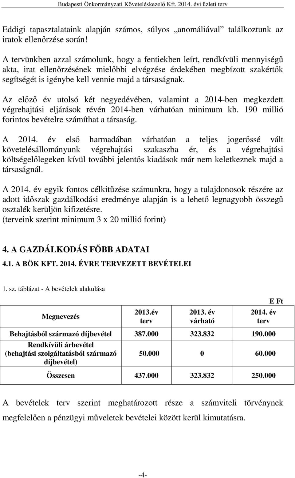 társaságnak. Az előző év utolsó két negyedévében, valamint a 2014-ben megkezdett végrehajtási eljárások révén 2014-ben várhatóan minimum kb. 190 millió forintos bevételre számíthat a társaság. A 2014.