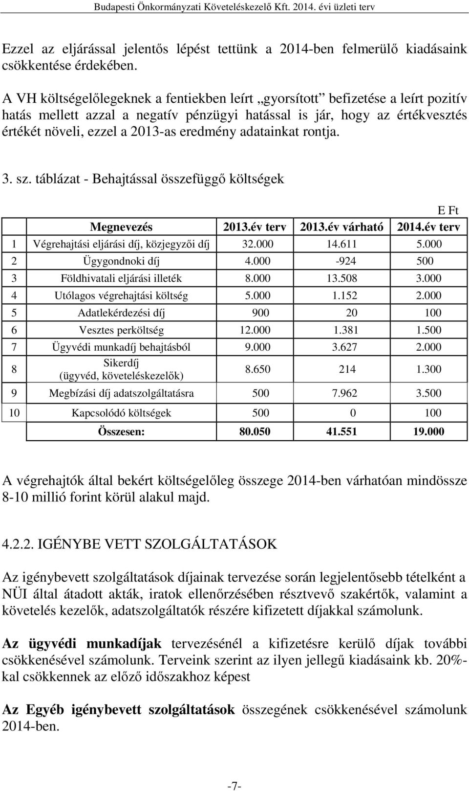 adatainkat rontja. 3. sz. táblázat - Behajtással összefüggő költségek E Ft Megnevezés 2013.év terv 2013.év várható 2014.év terv 1 Végrehajtási eljárási díj, közjegyzői díj 32.000 14.611 5.