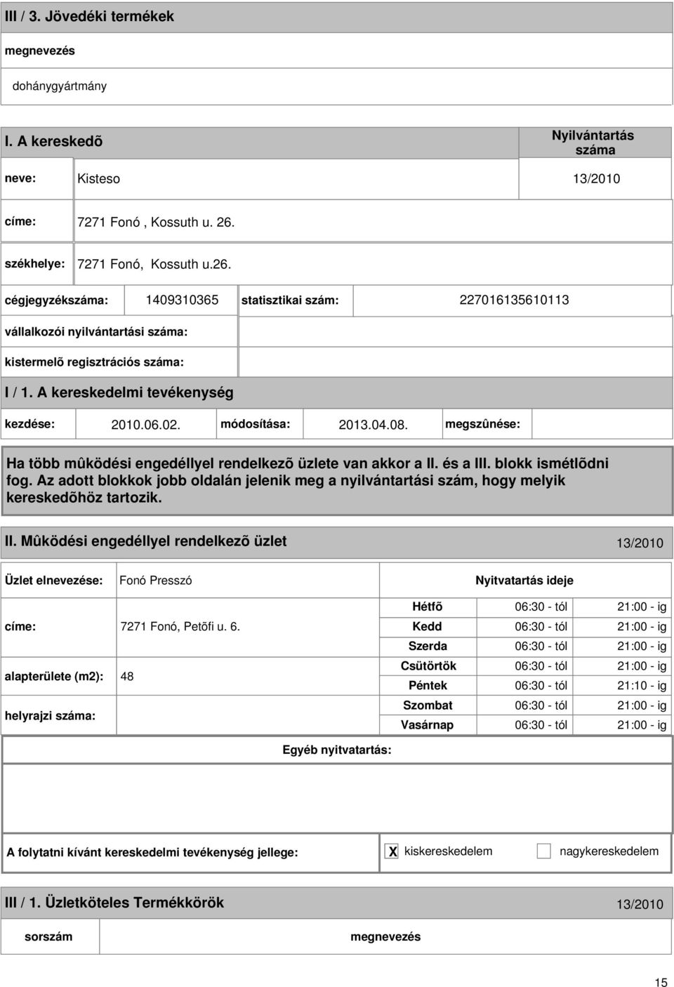 megszûnése: II. Mûködési engedéllyel rendelkezõ üzlet 13/2010 Fonó Presszó címe: 7271 Fonó, Petõfi u. 6.