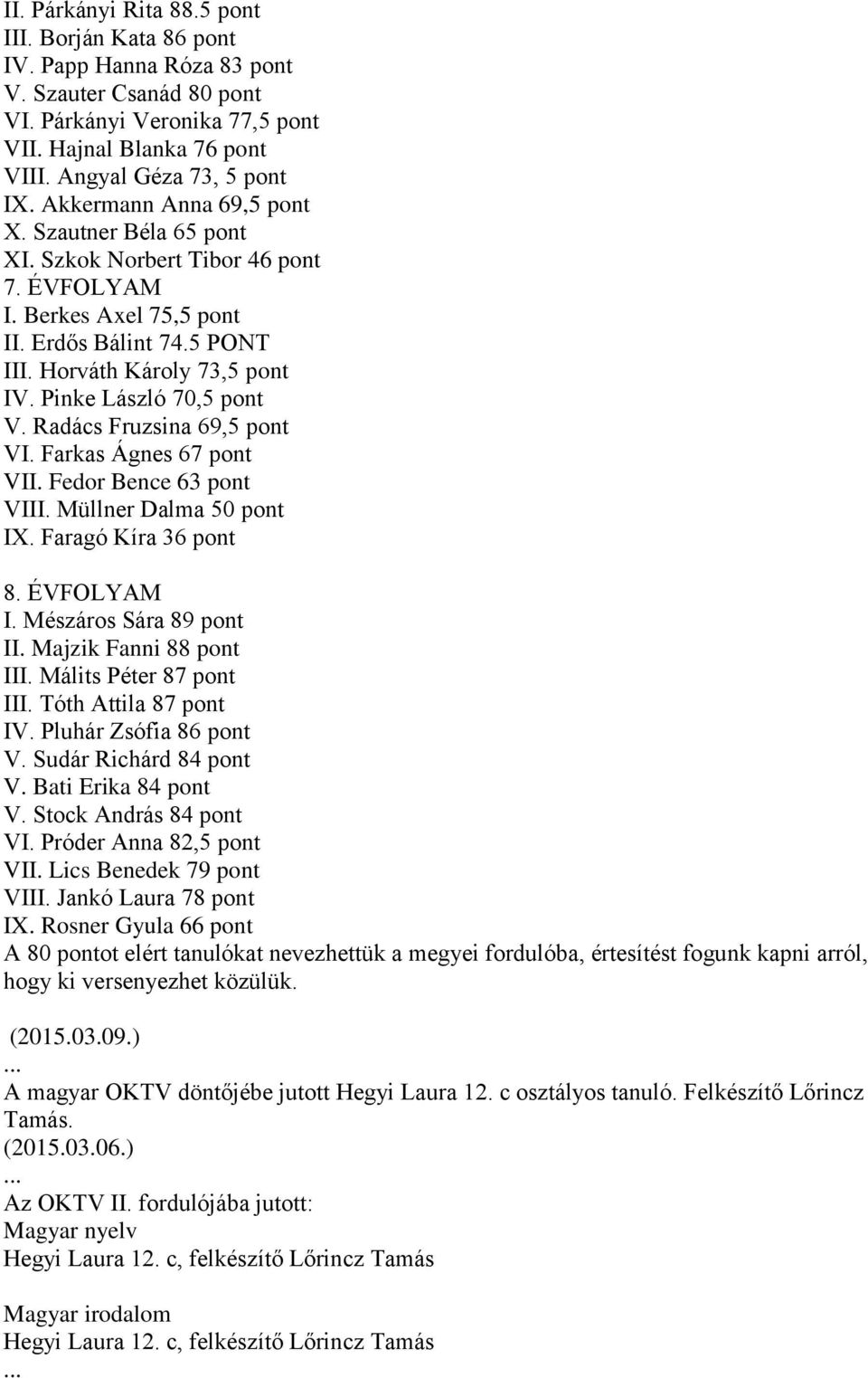 Pinke László 70,5 pont V. Radács Fruzsina 69,5 pont VI. Farkas Ágnes 67 pont VII. Fedor Bence 63 pont VIII. Müllner Dalma 50 pont IX. Faragó Kíra 36 pont 8. ÉVFOLYAM I. Mészáros Sára 89 pont II.