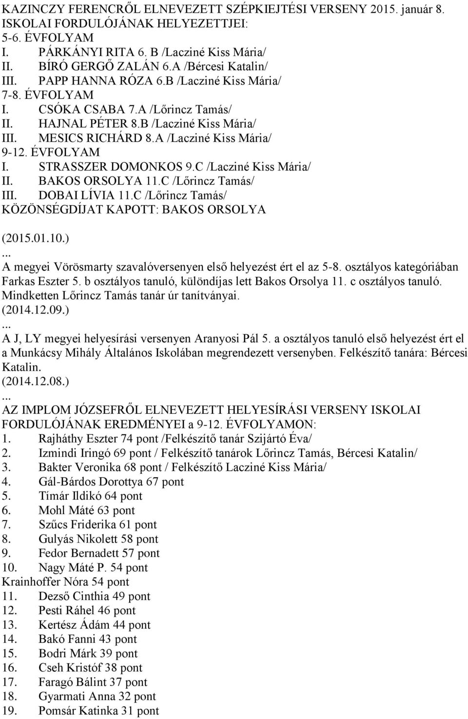 A /Lacziné Kiss Mária/ 9-12. ÉVFOLYAM I. STRASSZER DOMONKOS 9.C /Lacziné Kiss Mária/ II. BAKOS ORSOLYA 11.C /Lőrincz Tamás/ III. DOBAI LÍVIA 11.