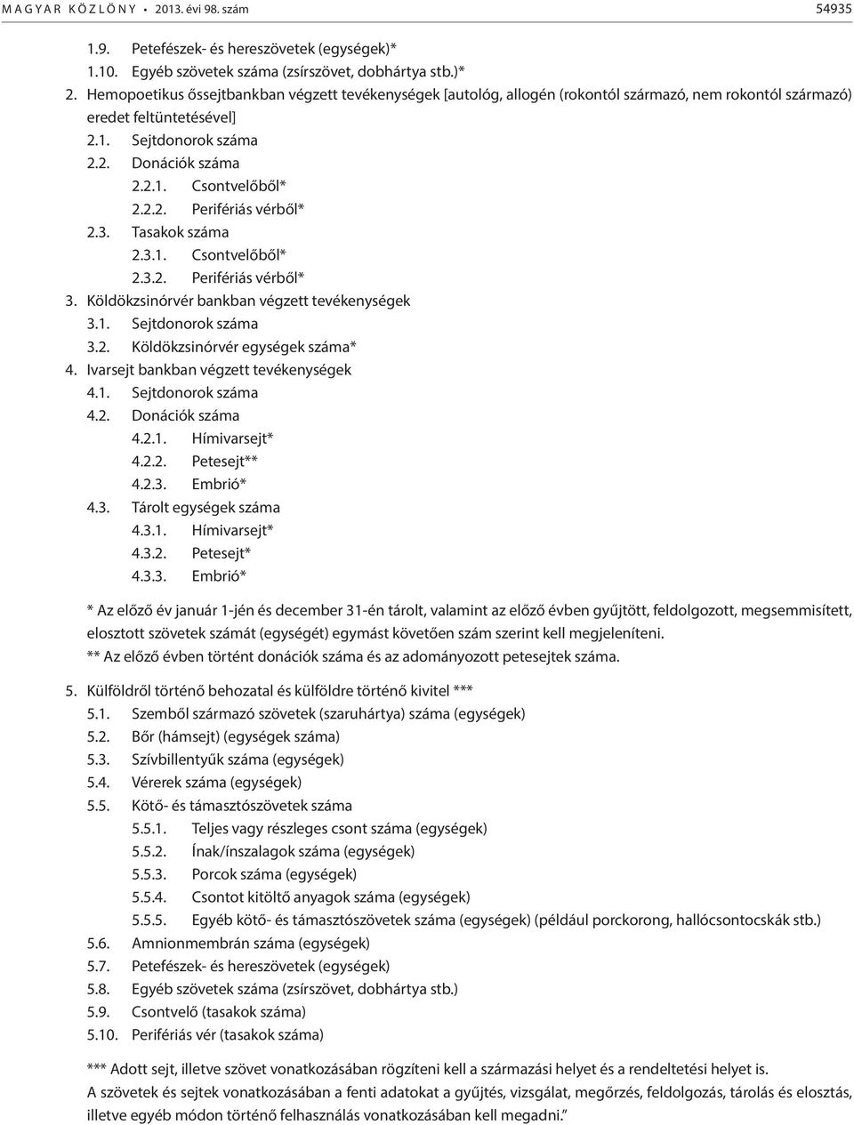 2.2. Perifériás vérből* 2.3. Tasakok száma 2.3.1. Csontvelőből* 2.3.2. Perifériás vérből* 3. Köldökzsinórvér bankban végzett tevékenységek 3.1. Sejtdonorok száma 3.2. Köldökzsinórvér egységek száma* 4.