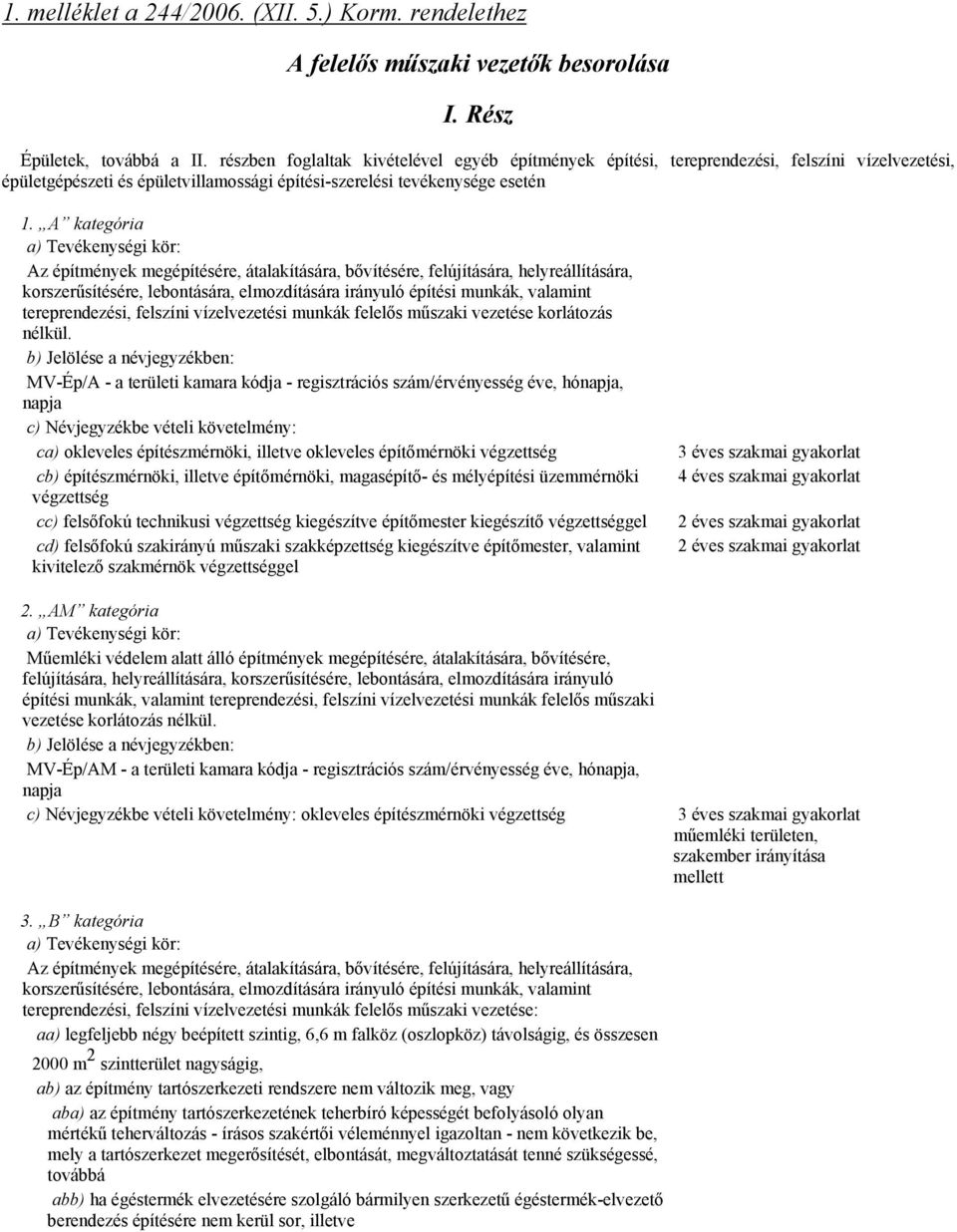 A kategória a) Tevékenységi kör: Az építmények megépítésére, átalakítására, bővítésére, felújítására, helyreállítására, korszerűsítésére, lebontására, elmozdítására irányuló építési munkák, valamint