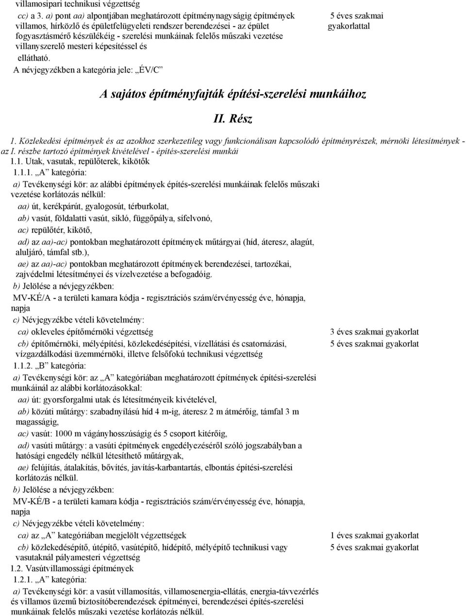 műszaki vezetése villanyszerelő mesteri képesítéssel és ellátható. A névjegyzékben a kategória jele: ÉV/C 5 éves szakmai gyakorlattal A sajátos építményfajták építési-szerelési munkáihoz II. Rész 1.