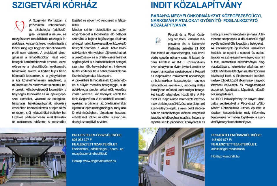 A projektbeli támogatással a rehabilitációban részt vevő betegek komfortfokozatát emelték, ezzel elősegítve a rehabilitációs tevékenység hatásfokát, sikerét.