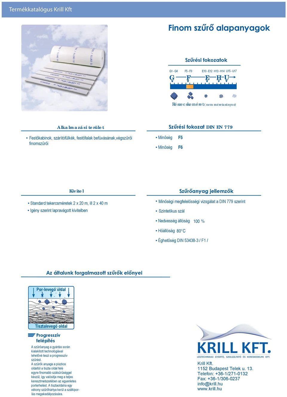 lapravágott kivitelben Szűrőanyag jellemzők Minőségi megfelelősségi vizsgálat a DIN 779 szerint Szintetikus szál Nedvesség állóság 100 % Hőállóság 80 C Éghetőség DIN 53438-3 / F1 / Az általunk