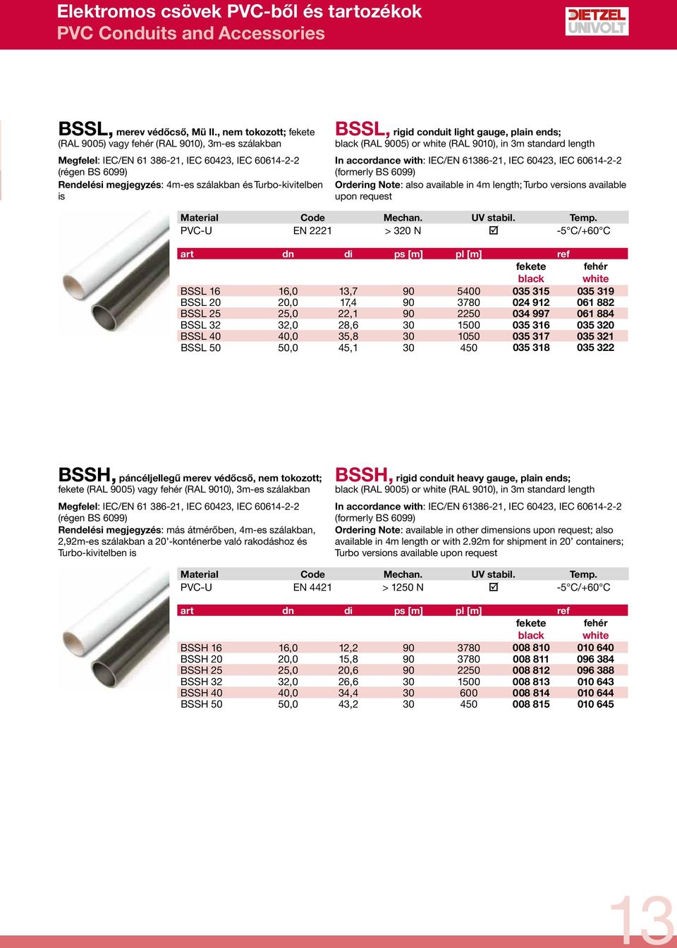 is BSSL, rigid conduit light gauge, plain ends; black (RAL 9005) or white (RAL 9010), in 3m standard length In accordance with: IEC/EN 61386-21, IEC 60423, IEC 60614 2 2 (formerly BS 6099) Ordering