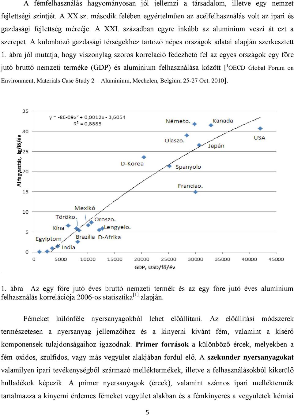 ábra jól mutatja, hogy viszonylag szoros korreláció fedezhető fel az egyes országok egy főre jutó bruttó nemzeti terméke (GDP) és alumínium felhasználása között [ 1 OECD Global Forum on Environment,