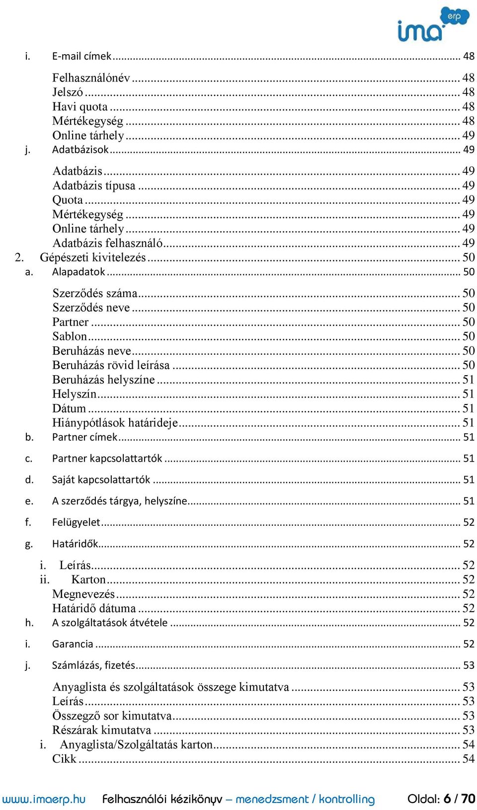 .. 50 Beruházás rövid leírása... 50 Beruházás helyszíne... 51 Helyszín... 51 Dátum... 51 Hiánypótlások határideje... 51 b. Partner címek... 51 c. Partner kapcsolattartók... 51 d.