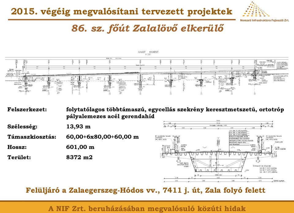 többtámaszú, egycellás szekrény keresztmetszetű, ortotróp pályalemezes acél gerendahíd 13,93 m