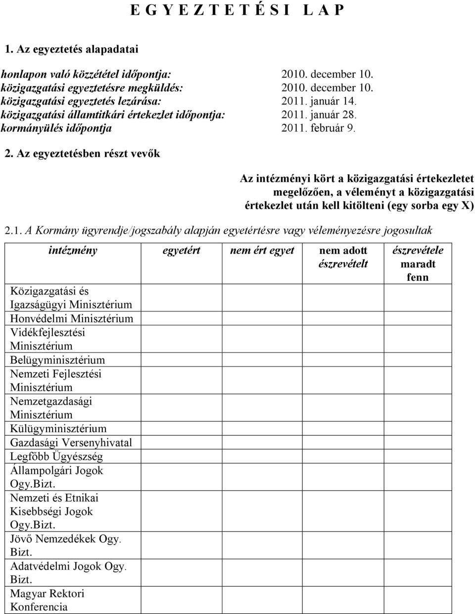 11. január 28. kormányülés időpontja 2011. február 9. 2. Az egyeztetésben részt vevők Az intézményi kört a közigazgatási értekezletet megelőzően, a véleményt a közigazgatási értekezlet után kell kitölteni (egy sorba egy X) 2.