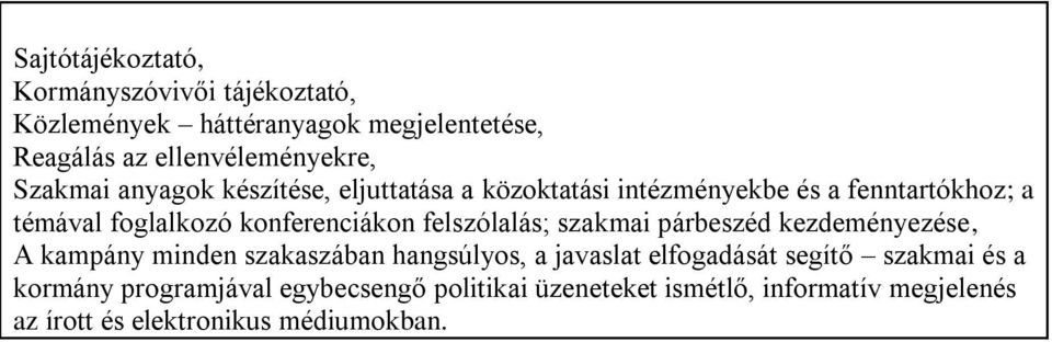 felszólalás; szakmai párbeszéd kezdeményezése, A kampány minden szakaszában hangsúlyos, a javaslat elfogadását segítő